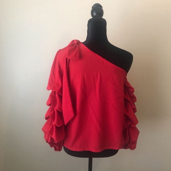 Red One shoulder top with ruffled sleeves - Picture 2 of 3